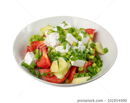 Greek Salad Isolated, Horiatiki Salat with Tomatoes, Cucumbers, Onion, Feta Cheese in White Bowl Greek Salad Isolated, Horiatiki Salat with Tomatoes, Cucumbers, Onion, Feta Cheese in White Bowl 102854990