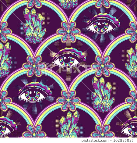 Pattern with arch shaped ornament, all seeing eye, crystals, chamomiles. Geometric fan shaped grid. Concept of expanded mind. For fantasy, groovy, hippie, mystical, esoteric, surreal design 102855055