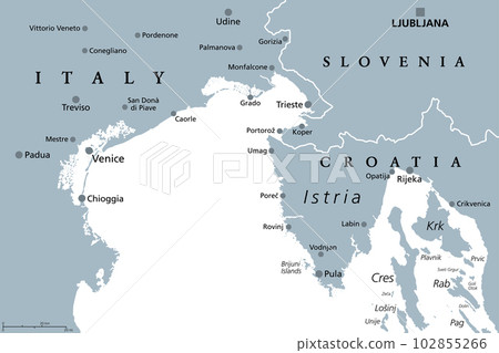 Gulf of Venice, gray political map. A bay of water in the northern Adriatic Sea, limited by the Po delta and Venetian Lagoon in Italy, and the Istrian Peninsula in Croatia, also bordered by Slovenia. Gulf of Venice, gray political map. A bay of water in the northern Adriatic Sea, limited by the Po delta and Venetian Lagoon in Italy, and the Istrian Peninsula in Croatia, also bordered by Slovenia. 102855266