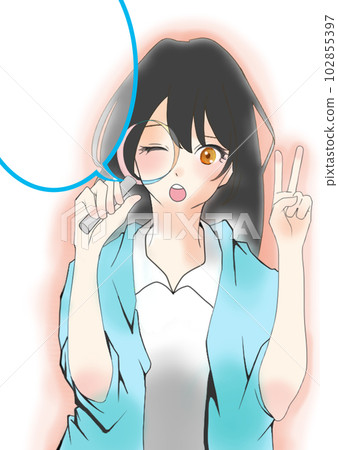 一個可愛的女孩做 V 手勢的插圖 (4) 一個可愛的女孩做 V 手勢的插圖 (4) 102855397