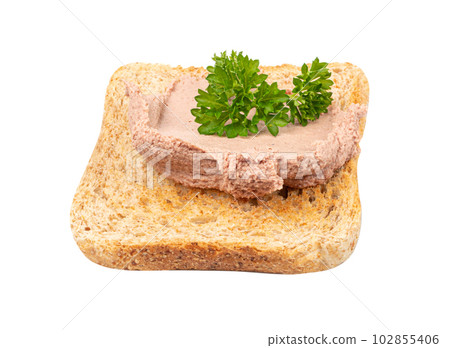 Meat Paste Toast Bread Isolated, Tuna Pate Sandwiches, Terrine Toasts, Chopped Liver Mousse, Fish Paste Canape 102855406
