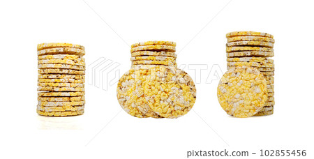 Puffed Corn Cake Isolated, Corn Diet Bread with Fragrant Herbs and Spices, Waffle with Corns, Rice, Cereal Snack Puffed Corn Cake Isolated, Corn Diet Bread with Fragrant Herbs and Spices, Waffle with Corns, Rice, Cereal Snack 102855456