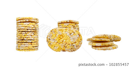 Puffed Corn Cake Isolated, Corn Diet Bread with Fragrant Herbs and Spices, Waffle with Corns, Rice, Cereal Snack 102855457