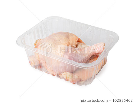Raw Chicken Legs in a Plastic Container Isolated, Fresh Chicken Quarter on White Background 102855462
