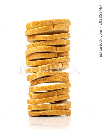 Dry Round Crackers Isolated, Sliced French Baguette Bread, Crunchy Croutons, Bruschetta Crackers, Round Rusks Dry Round Crackers Isolated, Sliced French Baguette Bread, Crunchy Croutons, Bruschetta Crackers, Round Rusks 102855467