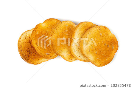Dry Round Crackers Isolated, Sliced French Baguette Bread, Crunchy Croutons, Bruschetta Crackers, Round Rusks 102855478