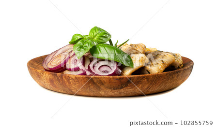 Salted Herring Fillet Isolated, Raw Pickled Fish Meat, Marinated Herring on White Background 102855759