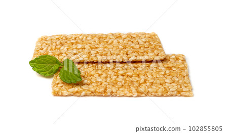 Sesame Snack Isolated, Sweet Cereal Breakfast, Honey Seed Cracker, Sesame Candy Bar on White Sesame Snack Isolated, Sweet Cereal Breakfast, Honey Seed Cracker, Sesame Candy Bar on White 102855805