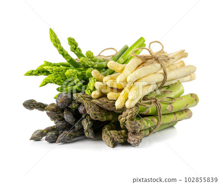Asparagus Different Bunches Isolated, Raw Garden Asparagus, Fresh Green Spring Vegetables Collection Asparagus Different Bunches Isolated, Raw Garden Asparagus, Fresh Green Spring Vegetables Collection 102855839