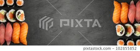 Big Set of Various Japanese Sushi Food Closeup 102855852