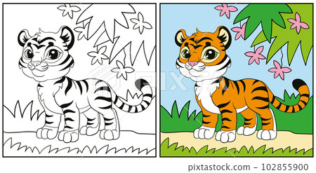 Coloring for kids cute tiger cub in the forest vector 102855900