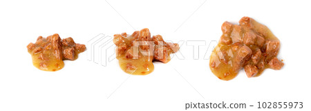 Wet Pet Food Isolated, Cat Diet, Puppy Food Brown Pieces Pile, Dog Meal on White Background Wet Pet Food Isolated, Cat Diet, Puppy Food Brown Pieces Pile, Dog Meal on White Background 102855973