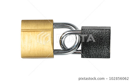 Two Locks Isolated, Black Padlocks Locked Together Two Locks Isolated, Black Padlocks Locked Together 102856062
