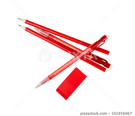 Red Pencil, Pen, Eraser Isolated on WHite Background Red Pencil, Pen, Eraser Isolated on WHite Background 102856067