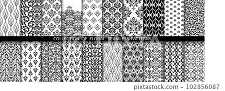 Geometric floral set of seamless patterns. White and black vector backgrounds. Damask graphic ornaments. 102856087