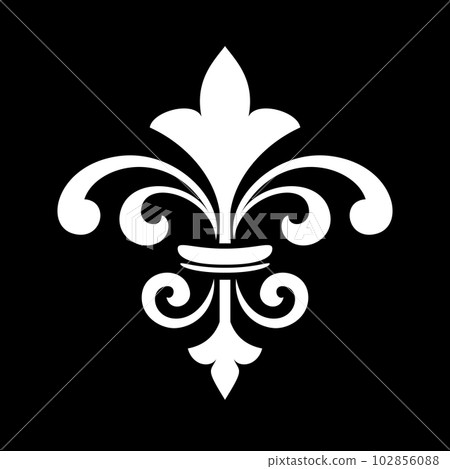 White royal lily on a black background. Heraldic sign, logo, design element, decoration. Graphic vector pattern. 102856088