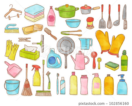手繪水彩廚房用品和清潔用品插圖集 102856160