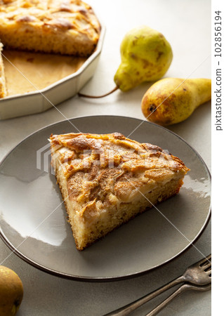 Pear pie. Slice of homemade pear pie, tart with fresh fruits. Pear pie. Slice of homemade pear pie, tart with fresh fruits. 102856194