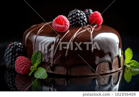 Chocolate Cake, Round Glazed Dessert, Delicious Shining Truffle Torte, Abstract Generative AI Illustration 102856409