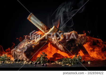 Grilled Ribs, Lamb Barbecue, Roasted Meat on Dark Background, Abstract Generative AI Illustration 102856422