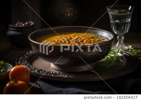 Lentils Soup, Lentil Meal in Bowl, Red Tomato Creamy Lentils Soup, Abstract Generative AI Illustration 102856427