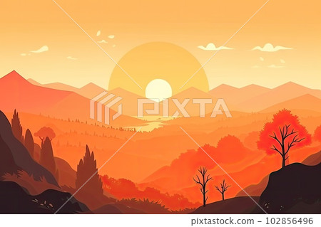 Sunrise Landscape Flat Illustration, Color Dawn in Mountains, Sun Beams, Abstract Generative AI Illustration Sunrise Landscape Flat Illustration, Color Dawn in Mountains, Sun Beams, Abstract Generative AI Illustration 102856496