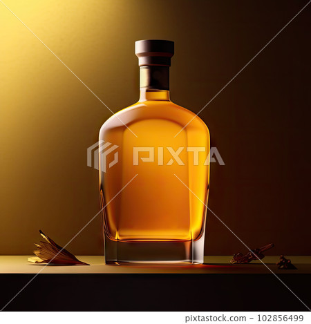 Whiskey Bottle Mockup with Copy Space, Rum Flask, Cognac Template, Abstract Generative AI Illustration 102856499