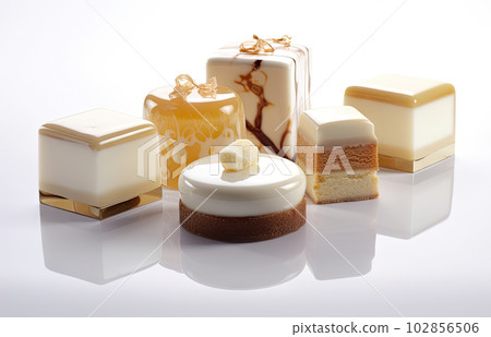 Beige Cake, Glazed Dessert, Delicious Shining Caramel Fruit Cakes, Abstract Generative AI Illustration 102856506
