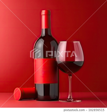 Red Wine Bottle Mockup with Glass, Wineglass, Red Drink, Dry Red Wine, Abstract Generative AI Illustration 102856515