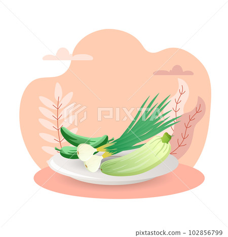 Green illustration. Onion, cucumber, marrow, vegetables. Editable vector graphic design. Green illustration. Onion, cucumber, marrow, vegetables. Editable vector graphic design. 102856799