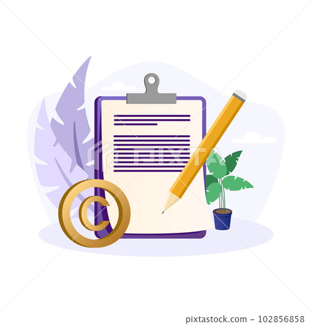 Copyright illustration. Paper, page, text, pencil, plant. Editable vector graphic design. 102856858