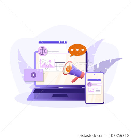 Content marketing illustration. Loudspeaker, laptop, smartphone, speech bubble. Editable vector graphic design. 102856860
