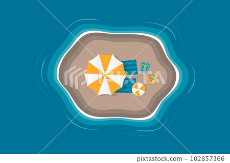 sunbathing on little deserted island surrounded by water towel umbrella and ball 102857366