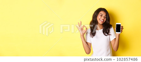 Portrait of cute african-american girl smiling pleased, showing okay sign and mobile phone screen, recommending an app or promo, standing over yellow background 102857486