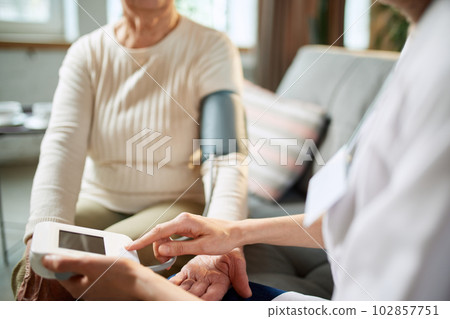 Female doctor measuring pressure of senior woman, patient with modern electronic device at home. Appointment. Cropped close-up image 102857751