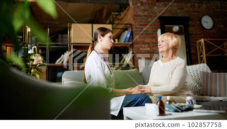 Elderly woman sitting on couch at home with her doctor, having personal appointment and consultation. Doctor giving support 102857758