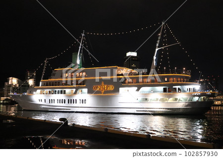 Cruise ship floating in harbor at night Cruise ship floating in harbor at night 102857930