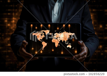商人的手拿著顯示紅色世界地圖的平板電腦，生成 AI 102858220