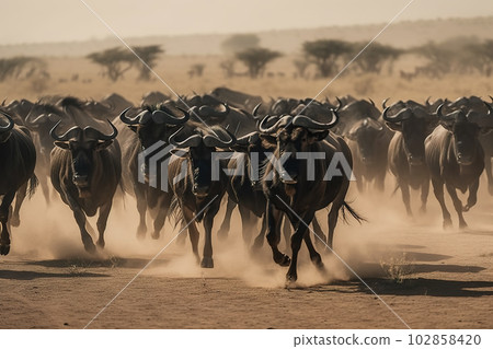 Image of flock wildebeest in a dry meadow on natural background. Wild Animals. illustration. Generative AI. Image of flock wildebeest in a dry meadow on natural background. Wild Animals. illustration. Generative AI. 102858420