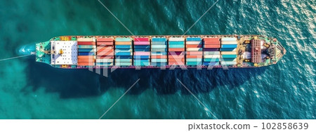 aerial perspective container ship navigating the open sea, its deck filled with containers that represent the import and export of goods. generative ai 102858639