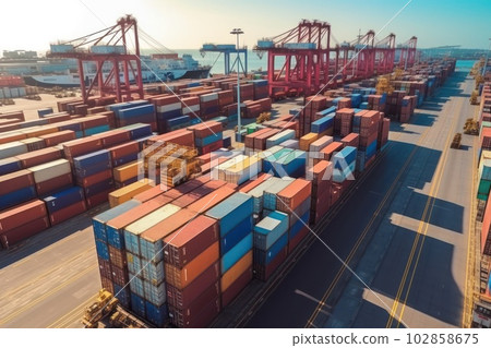 industrial port, logistics and international transportation by sea. loading of containers onto the cargo freight ship industrial crane. generative ai 102858675