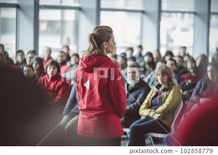 inspirational speaker commands the stage, on business meeting of young professionals conference. generative ai inspirational speaker commands the stage, on business meeting of young professionals conference. generative ai 102858779