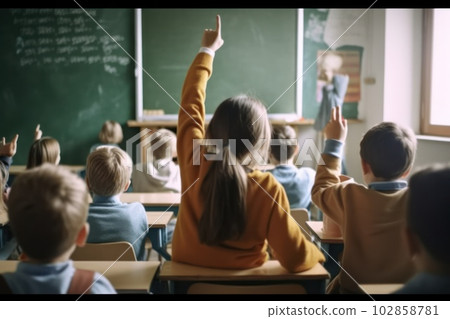 elementary school classroom, school kids actively engaged in learning, raising their hands. generative ai elementary school classroom, school kids actively engaged in learning, raising their hands. generative ai 102858781
