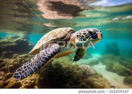 Sea turtle underwater photography portrait. Clear ocean water diving holiday coral reef swimming snorkeling photo Sea turtle underwater photography portrait. Clear ocean water diving holiday coral reef swimming snorkeling photo 102859197
