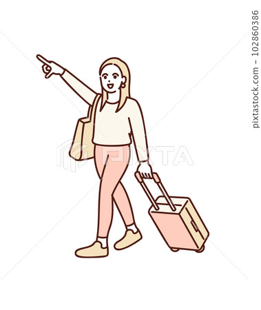 A girl who enjoys traveling. Illustration material of a woman pointing to the destination with one hand of a carry-back. 102860386