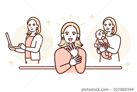 An illustration material of a woman who is healthy both physically and mentally and has a fulfilling work and private life. 102860394