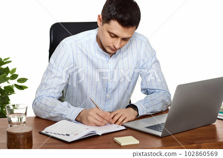 businessman taking notes, doing market research working 102860569