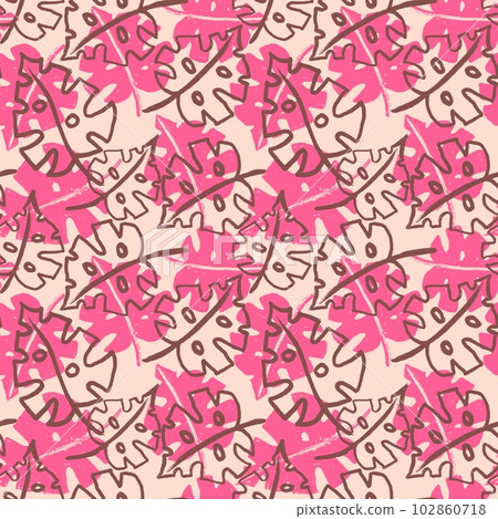 Hand drawn seamless pattern with pink palm leaves monstera leaf, beige baby girl fabric print. Tropical jungle holiday vacation design, cute summer plant nature. Hand drawn seamless pattern with pink palm leaves monstera leaf, beige baby girl fabric print. Tropical jungle holiday vacation design, cute summer plant nature. 102860718