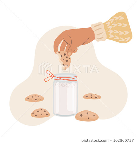 Woman hand dipping cookie in milk. Cookies with milk concept Woman hand dipping cookie in milk. Cookies with milk concept 102860737