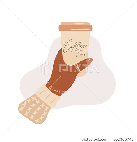 Sweater weather concept. Woman hand holding hot coffee cup 102860745